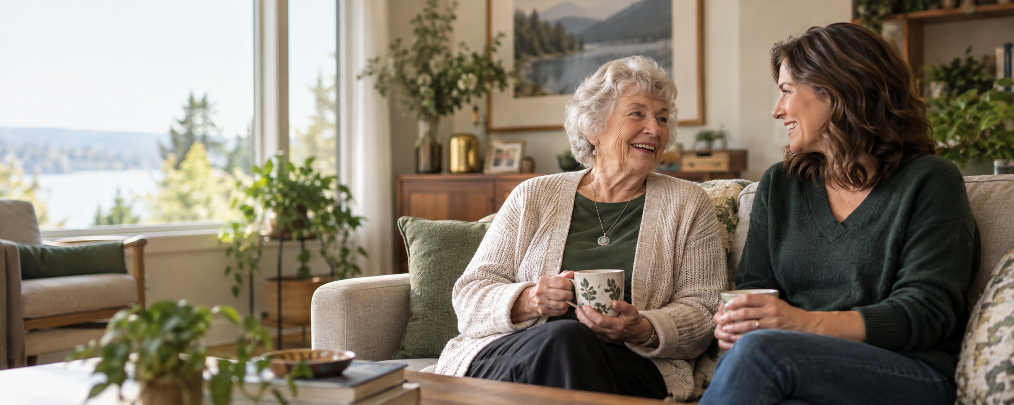 An older adult and companion enjoying a relaxed conversation over tea